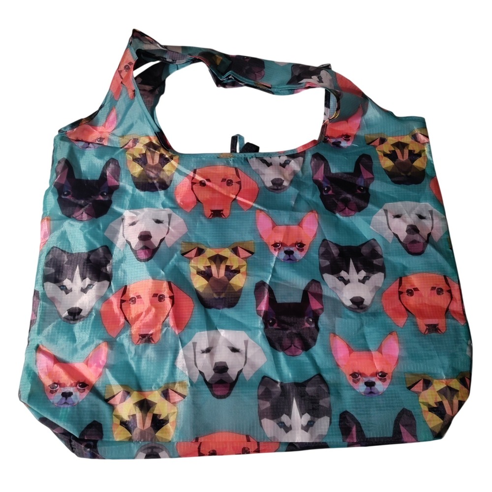 BeeGreen  Reusable Nylon Shopping Teal/ Blue Tote Bag with Dog Faces All Over